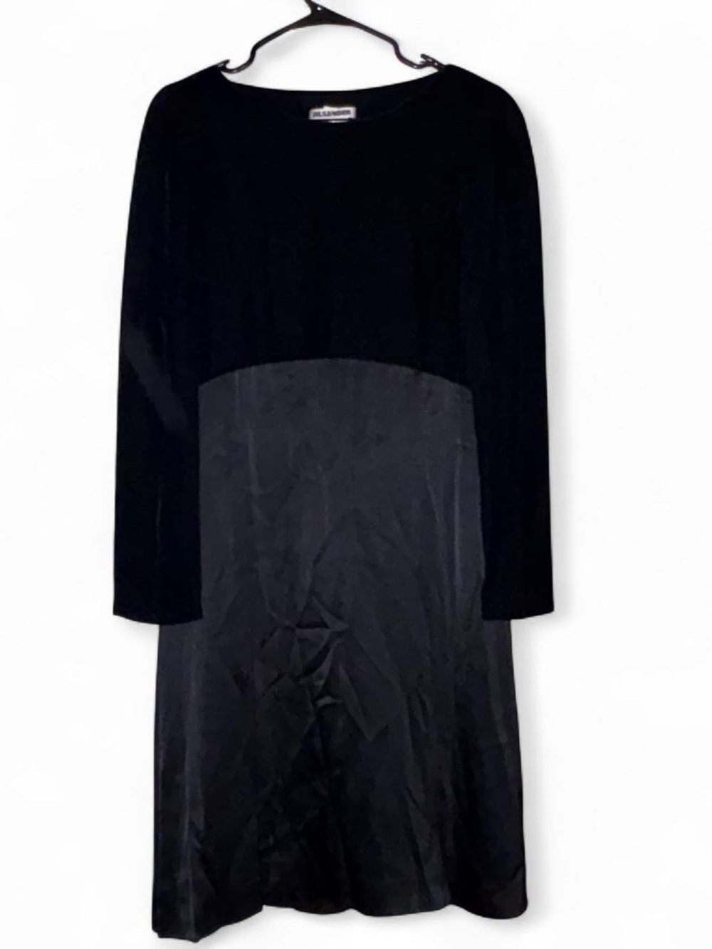 Jil Sander Black Velvet Satin Long Sleeve Holiday Midi Vintage Dress EU42